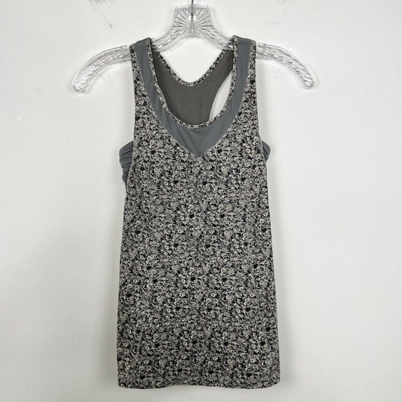 Lululemon Tone It Tank Top Size 2 Gray Fleur Silver Spoon Print w Build in Bra - Picture 2 of 10